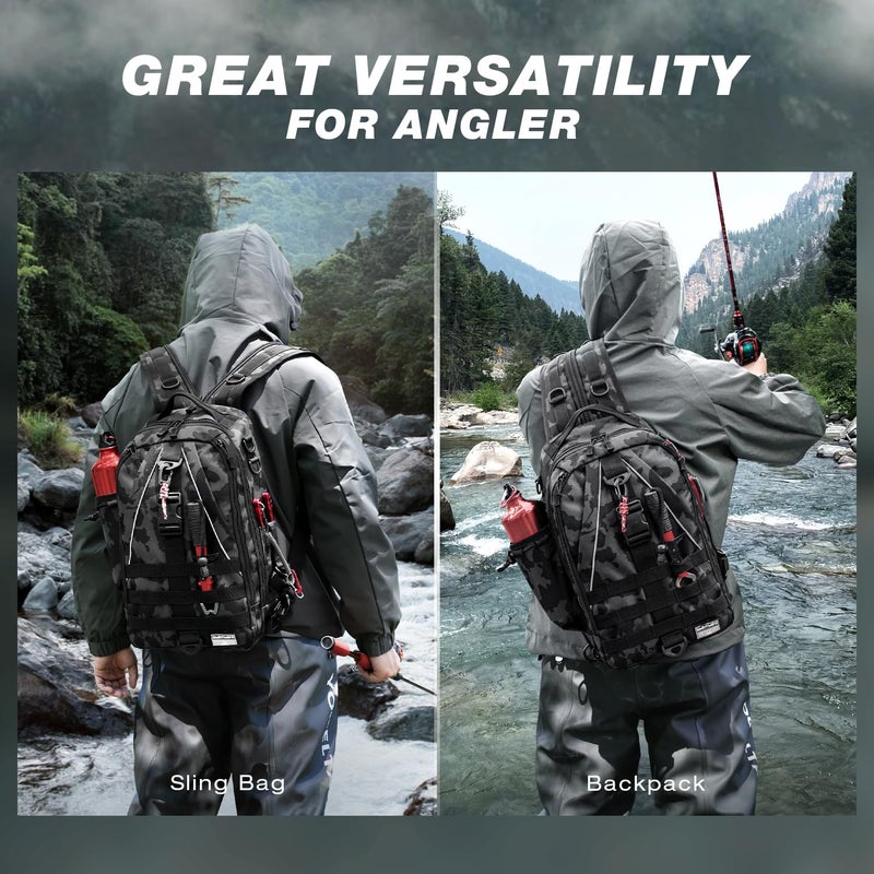 Ghosthorn Fishing Backpack Tackle Sling Bag-Backpack with Rod Holder- Lightweight Tackle Box Fly Fishing Gifts for Men Women (I.Large Black Camouflage) - Image 2